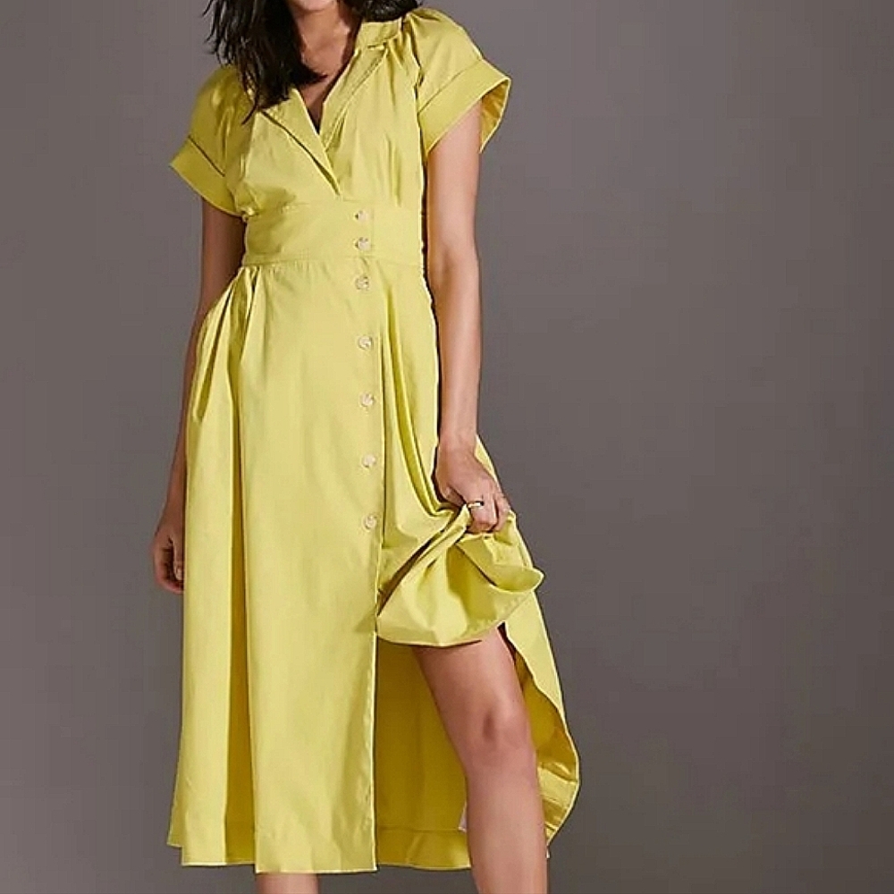 Anthropologie Maeve yellow poplin midi shirtdress short sleeves SIZE 2 SMALL